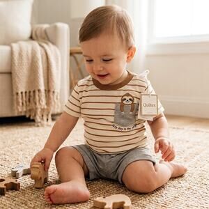 NWT Quiltex Baby Boys Sloth Stripe T-Shirt & Shorts Set 12 Months
